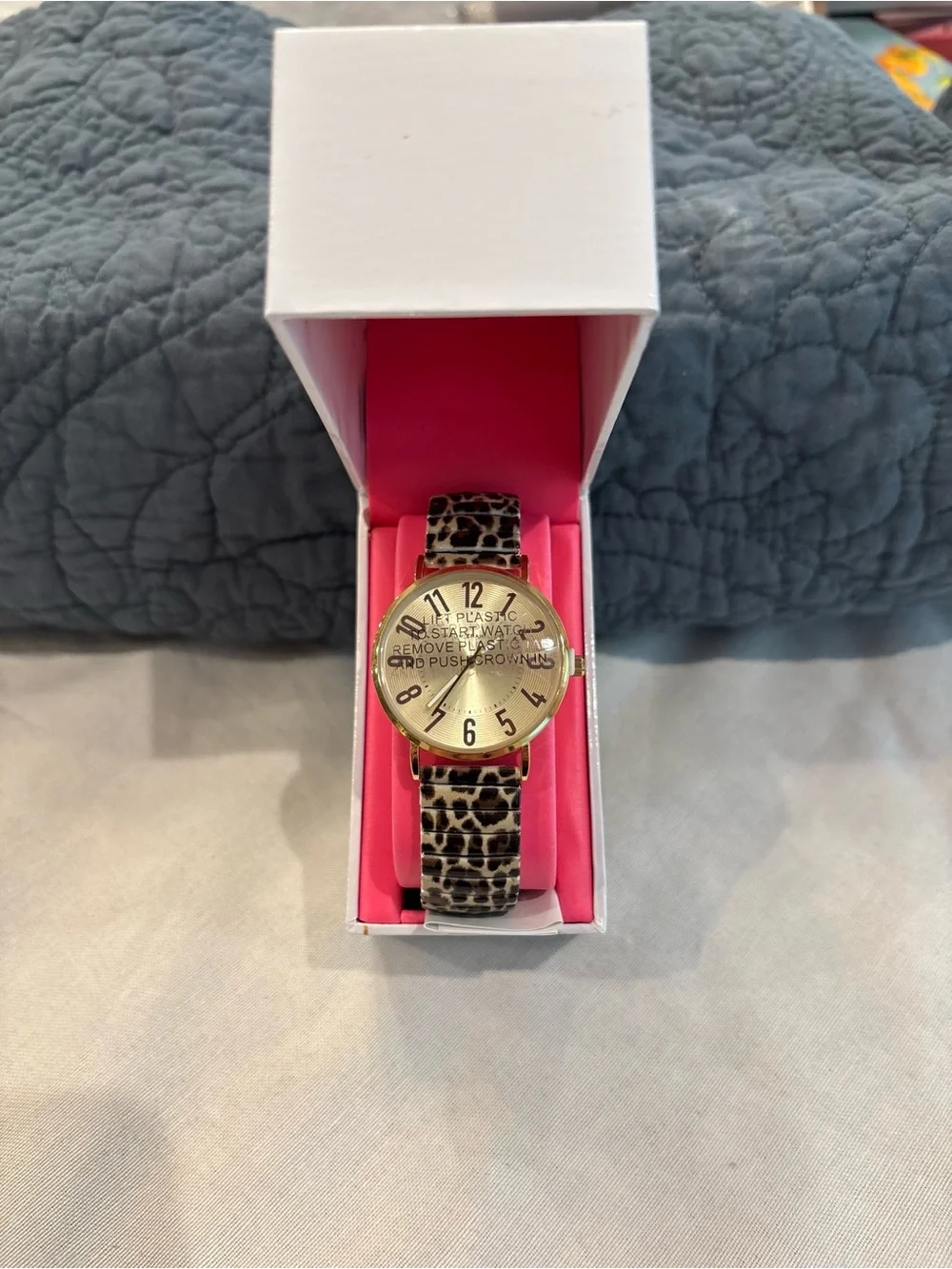 Isaac Mizrahi Live Leopard Print Stretch Band Gold Tone Watch NWT